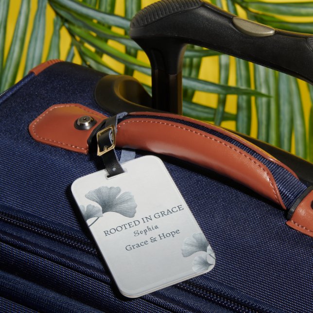 Personalized Blue Ginkgo Leaf Custom Name Luggage Tag (Front Insitu 1)
