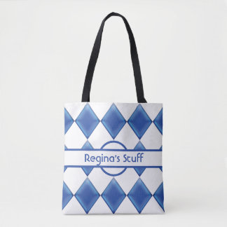 Personalized Blue Glass and White Harlequins Tote Bag