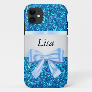 Personalized Blue Glitter Blue Bow iPhone 11 Case