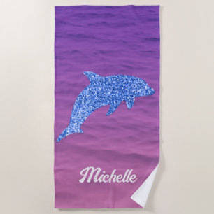 Personalized Blue Glitter Dolphin Pink And Purple Beach Towel