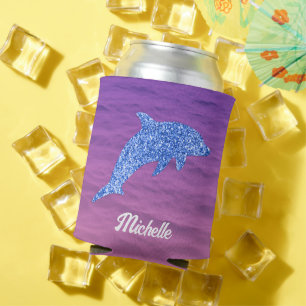 Personalized Blue Glitter Dolphin Pink And Purple Can Cooler