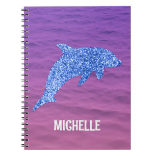 Personalized Blue Glitter Dolphin Pink And Purple Notebook