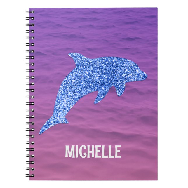Personalized Blue Glitter Dolphin Pink And Purple Notebook (Front)