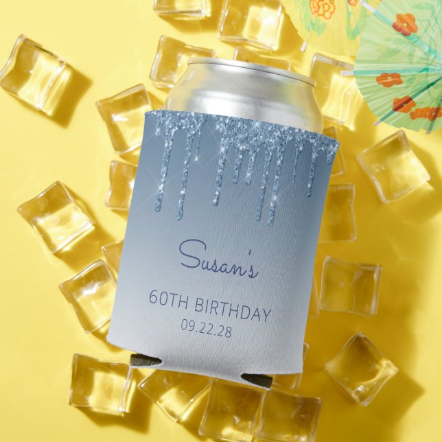 Personalized Blue Glitter Drip 60th Birthday Can Cooler (In Situ Summer)