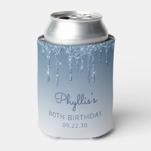 Personalized Blue Glitter Drip 80th Birthday Can Cooler