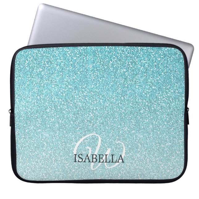 Personalized Blue Glitter Ombre Name Monogram Laptop Sleeve (Front)