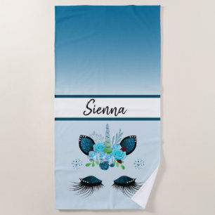 Personalized Blue Glitter Unicorn Face Beach Towel