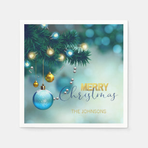 Personalized Blue Gold Baubles Tree CHRISTMAS Napkin
