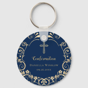 Personalized  Blue Gold Cross Confirmation Keychain