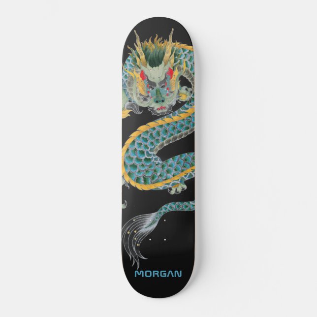 Personalized Blue Gold Dragon Skateboard (Front)