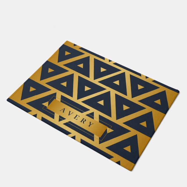 Personalized Blue Gold Geometric pattern Doormat (Angled)