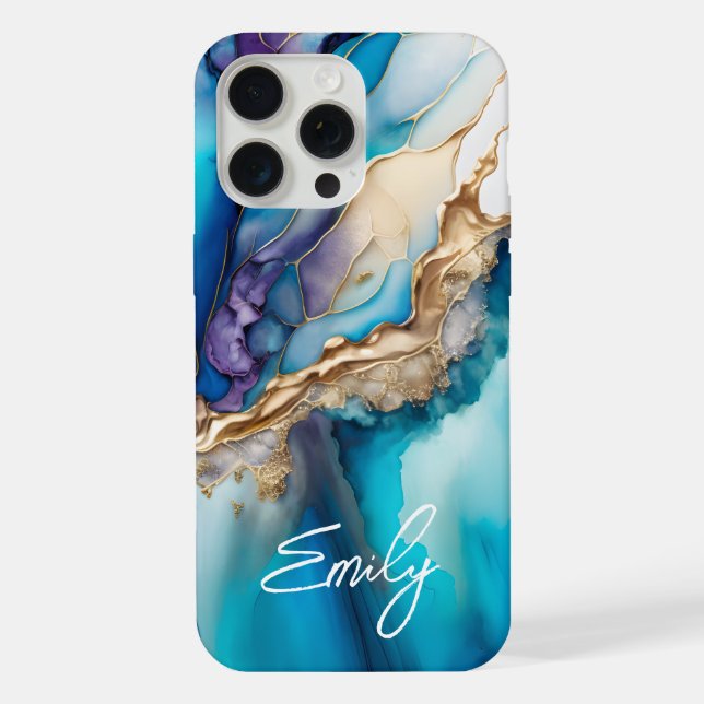 Personalized Blue Gold Marble Script Name iPhone Case (Back)