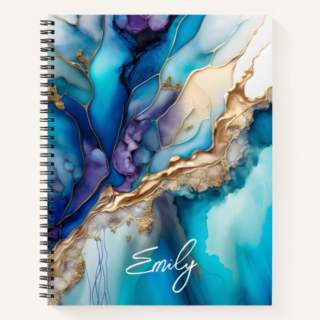 Personalized Blue Gold Marble Script Name  Notebook (Front)