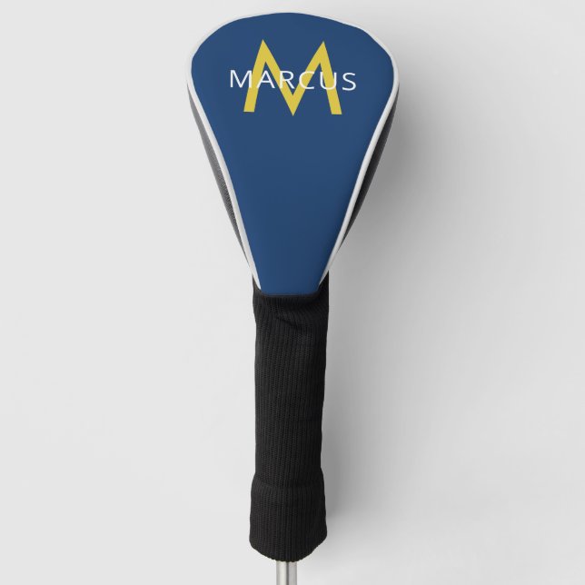 Personalized Blue Gold Name on Modern Driver Golf Head Cover (Front)