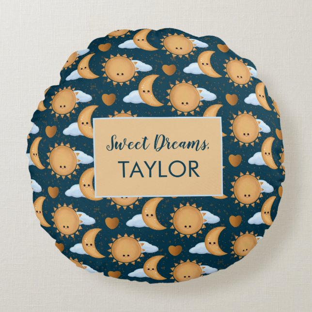 Personalized Blue Gold Sun Moon Sweet Dreams Name Round Pillow (Front)