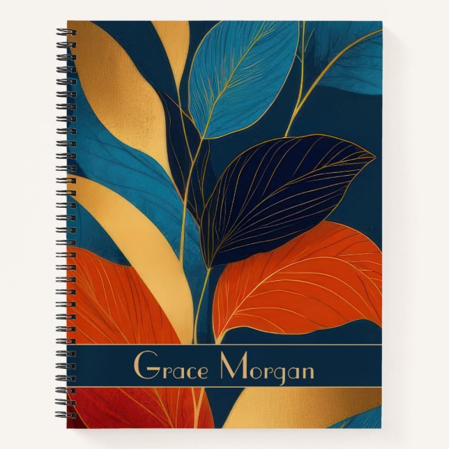 Personalized Blue & Gold Tropical Leaves Notebook (Front)