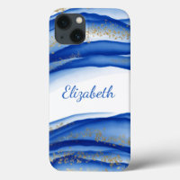 Personalized Blue Gold White Ink Swirl Watercolor