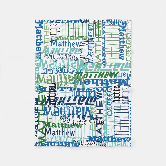 Personalized Blue/Green Custom Name Collage Boy's Fleece Blanket (Front)