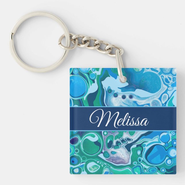 Personalized Blue Green Digital Marble Fluid Art   Keychain (Front)