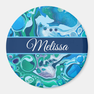 Personalized Blue Green Digital Marble Fluid Art Magnet