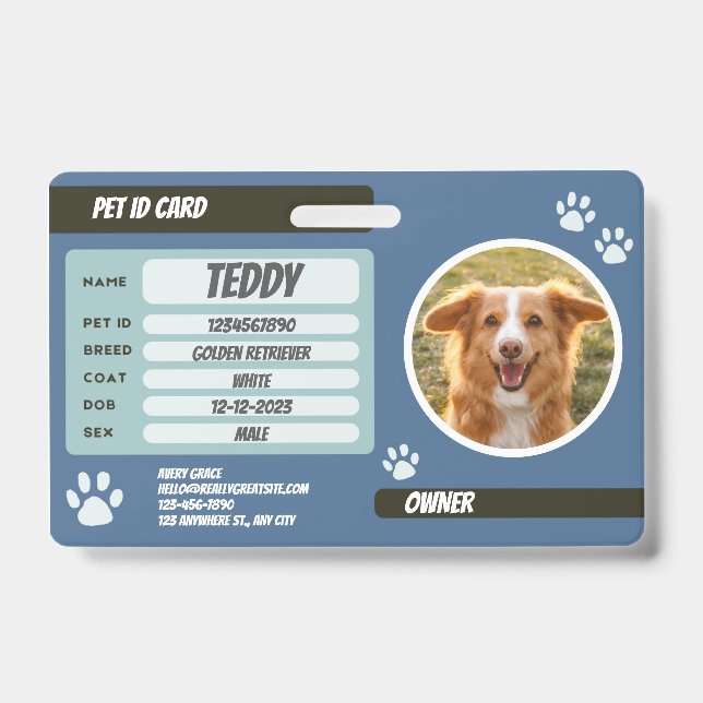 Personalized Blue Green Dog Photo ID Badge (Front)