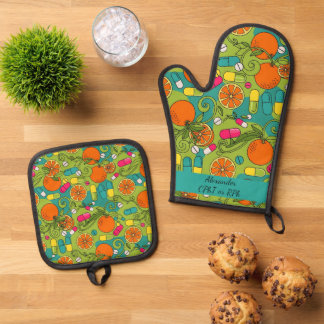 Personalized Blue & Green Orange Pharmacy Apron Oven Mitt & Pot Holder Set