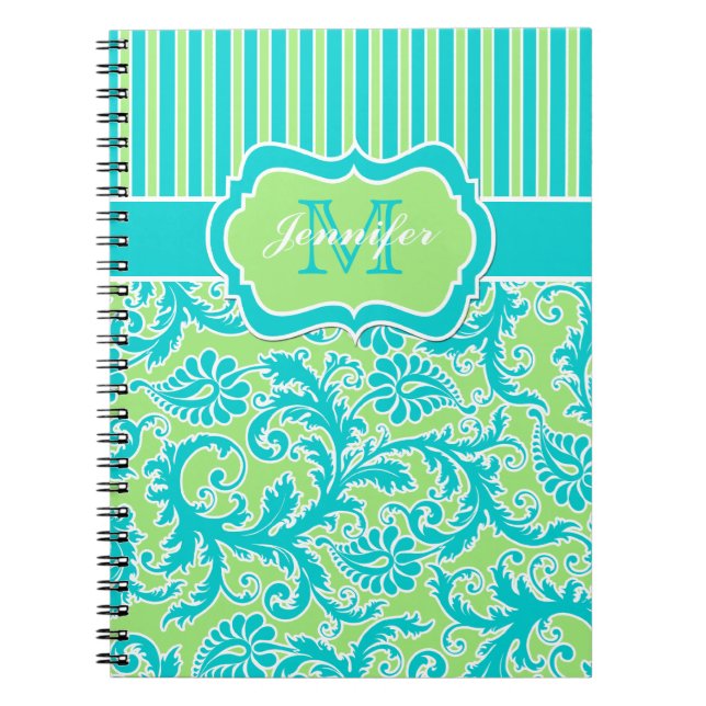 Personalized Blue Green White Striped Notebook (Front)