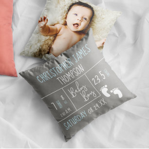 Personalized Blue Grey Birth Stat Baby Boy Photo Throw Pillow