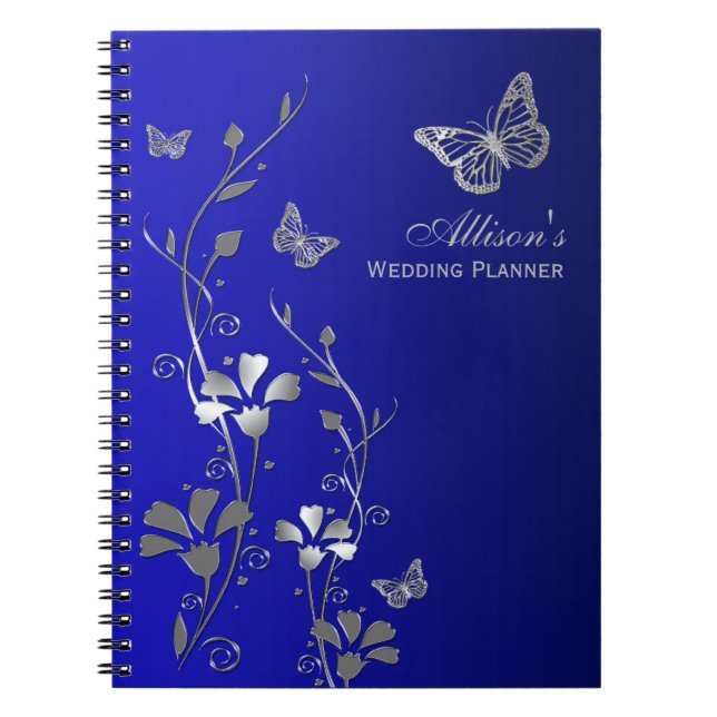 Personalized Blue, Grey Butterfly Floral Notebook (Front)