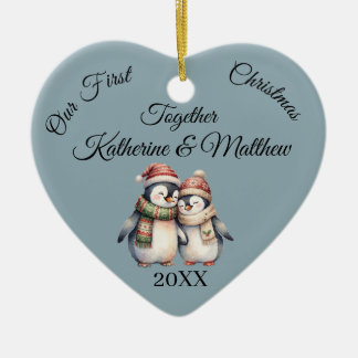 Personalized Blue Grey Christmas Together Couples Ceramic Ornament