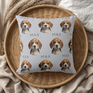 Personalized Blue Grey Dog Photo & Name Pattern Throw Pillow