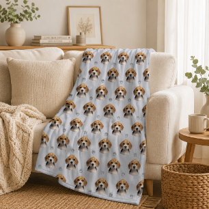 Personalized Blue Grey Dog Photo Paw Pattern Fleece Blanket