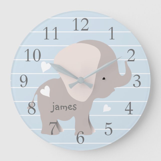Personalized Blue Grey Elephant Nursery Wall Clock (Front)