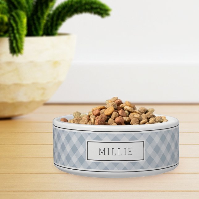 Personalized Blue & Grey Farmhouse Style Plaid Pet Bowl (Creator Uploaded)