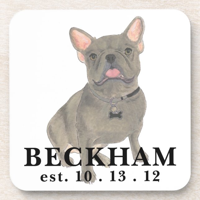 Personalized Blue Grey Frenchie French Bulldog Coaster (Front)
