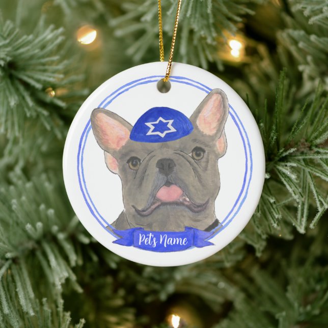 Personalized Blue Grey Frenchie Hanukkah Ceramic Ornament (Tree)