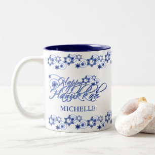 Personalized Blue Happy Hanukkah Star Swirls Two-Tone Coffee Mug