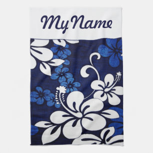 Personalized Blue Hawaii Flowers Kitchen Towel