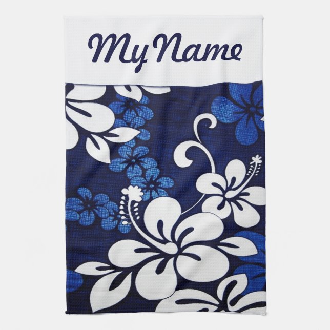 Personalized Blue Hawaii Flowers Kitchen Towel (Vertical)
