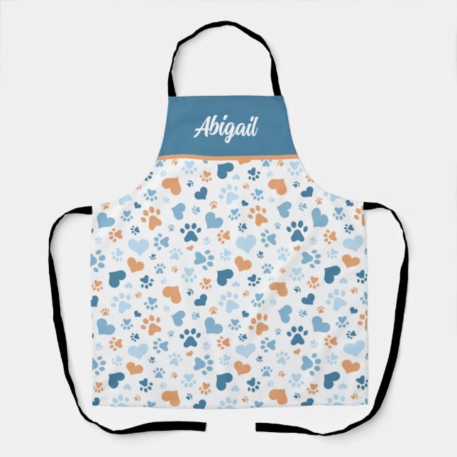 Personalized Blue Hearts and Paw Prints Apron (Front)
