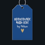 Personalized Blue Homemade With Love Heart Gift Tags<br><div class="desc">A personalized "homemade with love" gift tag with a blue coloured background and a gold heart. Great for any Christmas gift giving! Make it yours by adding your own name. A pretty finishing touch for all of your handmade gifts. Designed for you by Blackberry Boulevard.</div>