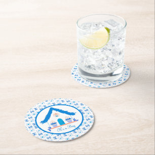 Personalized Blue House It's a Boy Baby Shower Round Paper Coaster