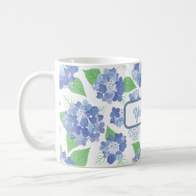 Personalized Blue Hydrangea Blooms Coffee Mug (Left)