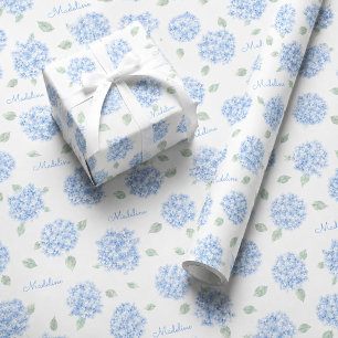 Personalized Blue Hydrangea Bridal Shower Gift Wrapping Paper