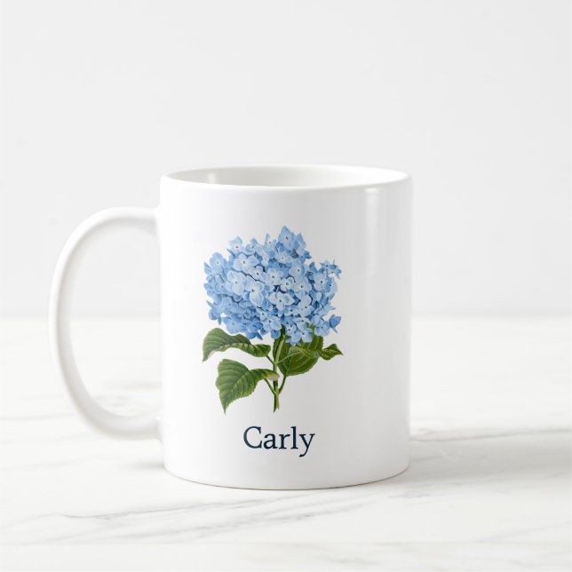 Personalized Blue Hydrangea Coffee Mug (Left)