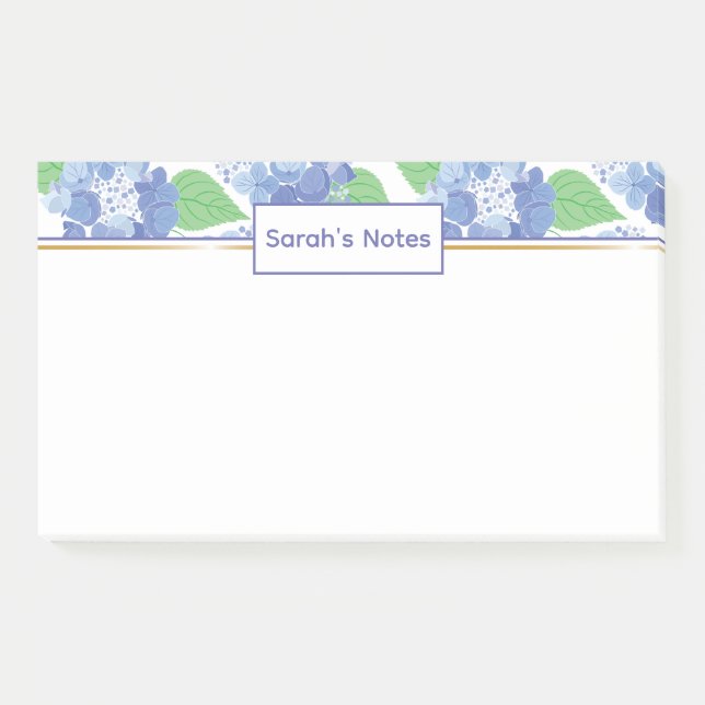 Personalized Blue Hydrangea Floral Post-it Notes (Front)