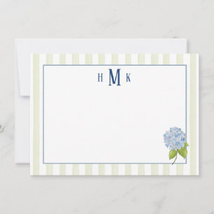Personalized Blue Hydrangea Green Stripe Monogram Card