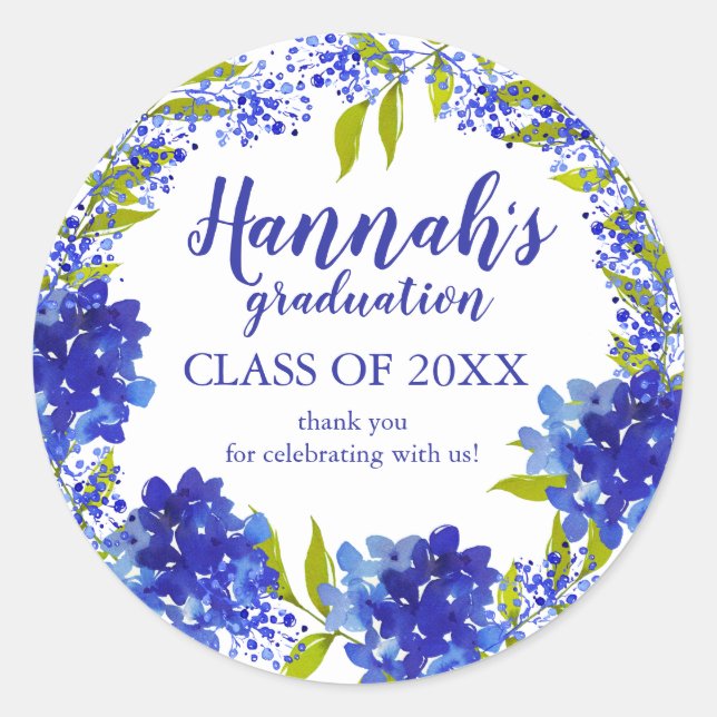 Personalized Blue Hydrangea Thank You Graduation Classic Round Sticker (Front)