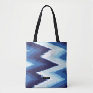 Personalized Blue Ikat Chevron Pattern Bridesmaid Tote Bag