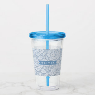 Personalized Blue Lace Floral Elegant Romantic Acrylic Tumbler